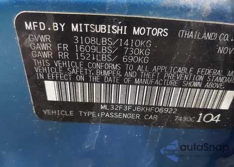 2019 Mitsubishi Mirage G4 Es из США, поврежденный, VIN ML32F3FJ6KHF06922